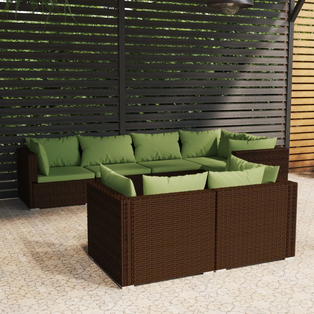vidaXL 7 Piece Patio Lounge Set with Cushions Brown Poly Rattan
