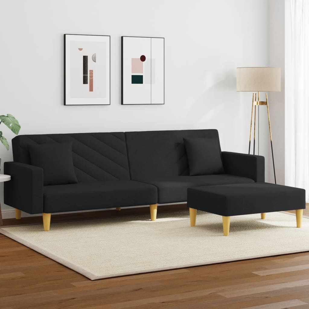 vidaXL 2-Seater Sofa Bed with Pillows and Footstool Black Fabric