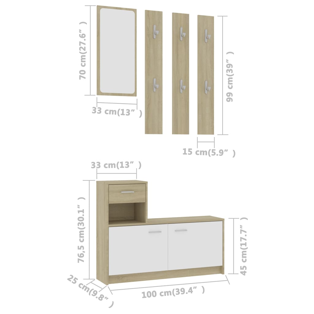 vidaXL Hallway Unit White and Sonoma Oak 39.4"x9.8"x30.1" Engineered Wood