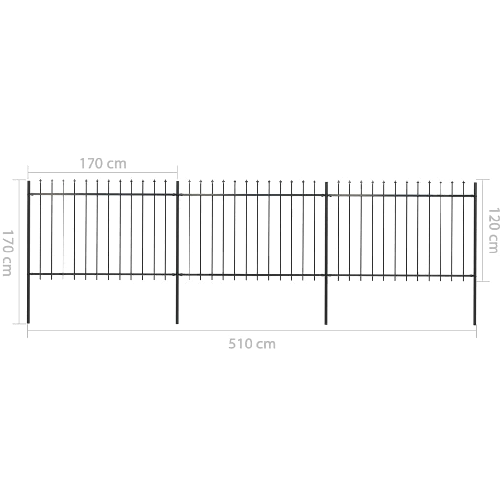 vidaXL Garden Fence with Spear Top Steel 200.8"x47.2" Black
