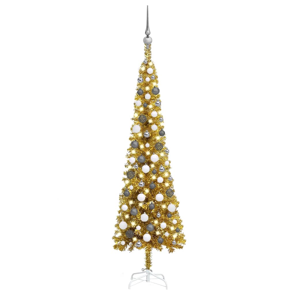 vidaXL Slim Pre-lit Christmas Tree with Ball Set Gold 59.1"