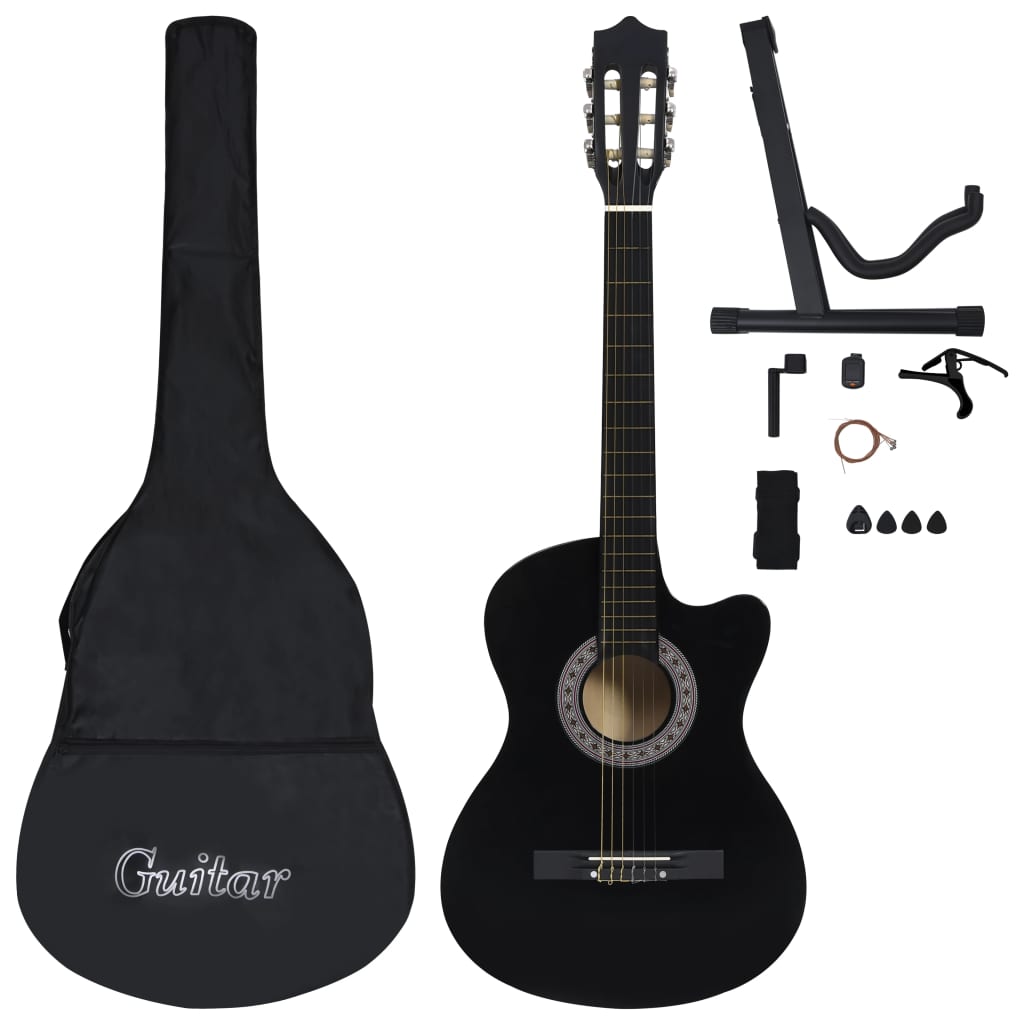 vidaXL 12 Piece Western Classical Guitar Set with 6 Strings Black 38"