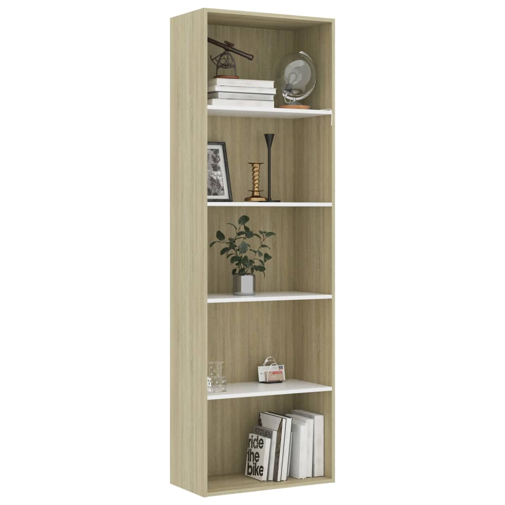 vidaXL 5-Tier Book Cabinet White and Sonoma Oak 23.6"x11.8"x74.4" Chipboard