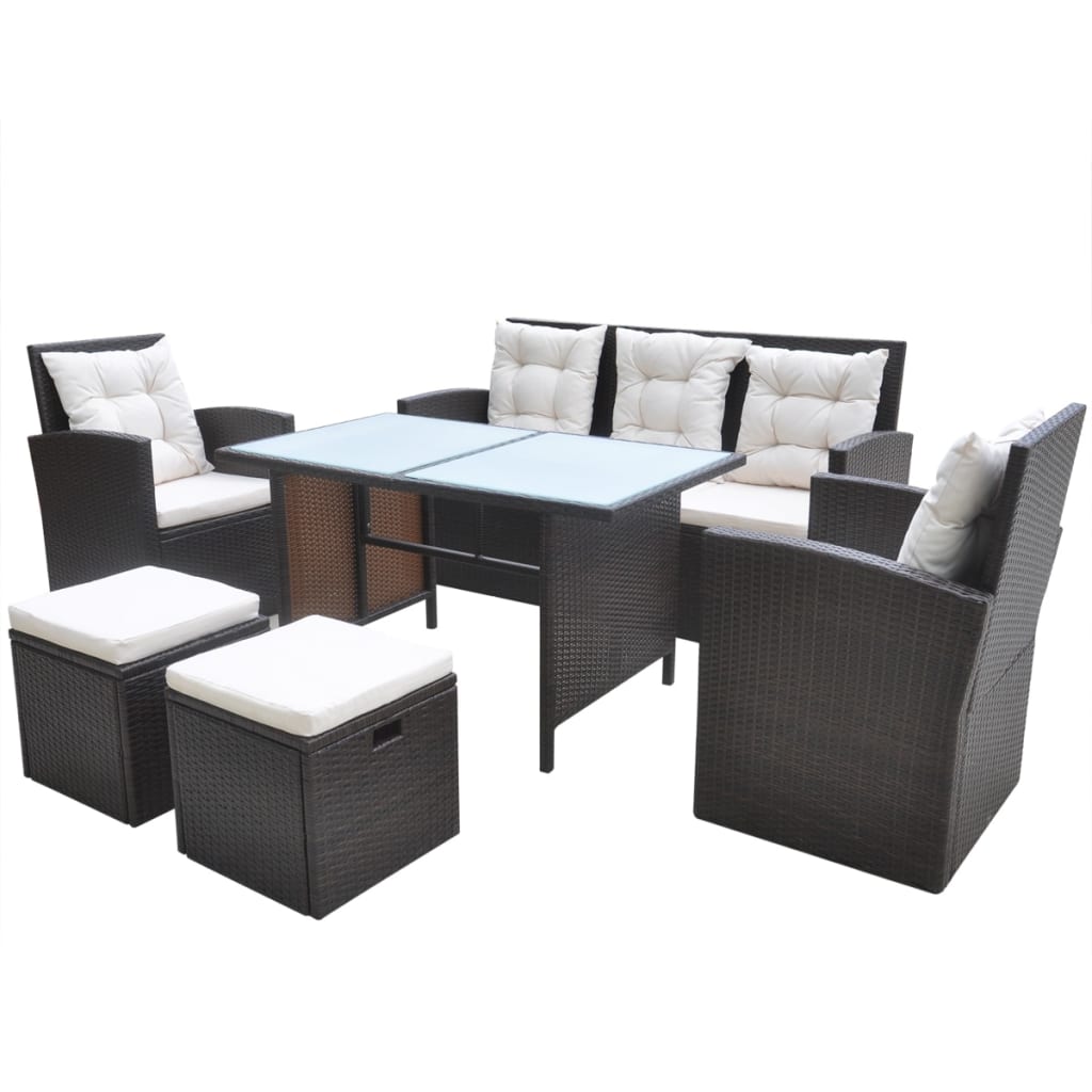 vidaXL 6 Piece Patio Dining Set with Cushions Poly Rattan Brown