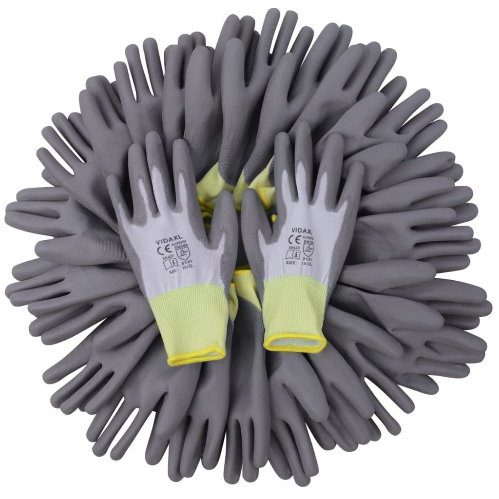 vidaXL Work Gloves PU 24 Pairs White and Gray Size 10/XL