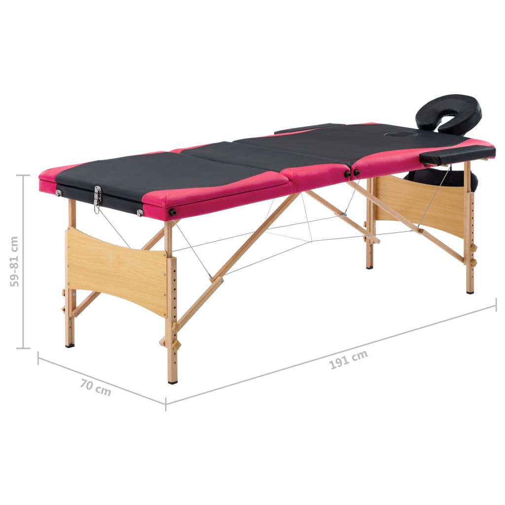 vidaXL Foldable Massage Table 3 Zones Wood Black and Pink