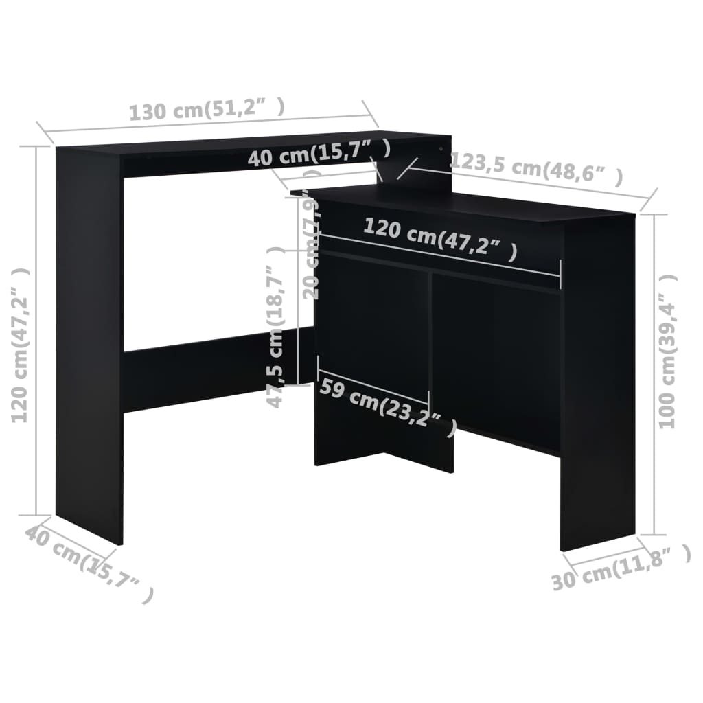 vidaXL Bar Table with 2 Table Tops Black 51.2"x15.7"x47.2"