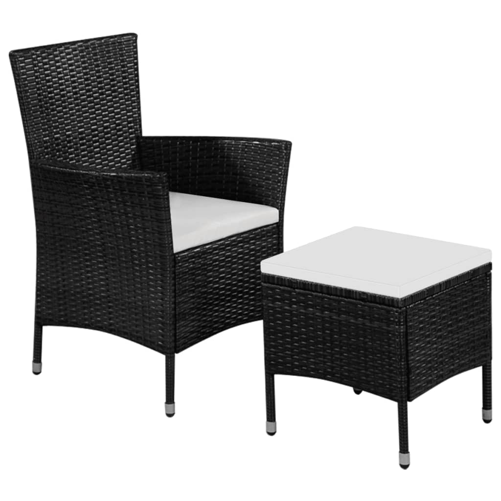 vidaXL Patio Chair and Stool with Cushions Poly Rattan Black