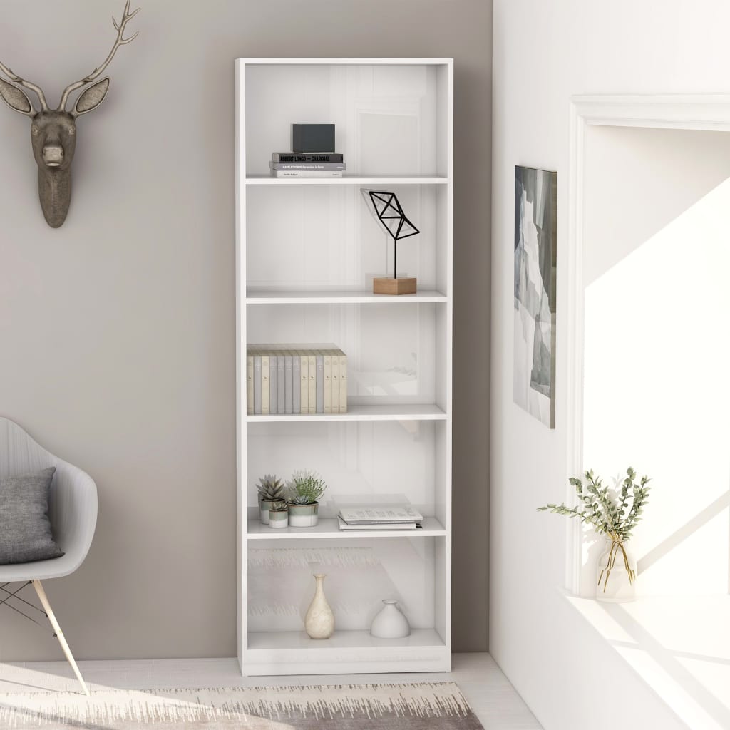 vidaXL 5-Tier Book Cabinet High Gloss White 23.6"x9.4"x68.9" Chipboard
