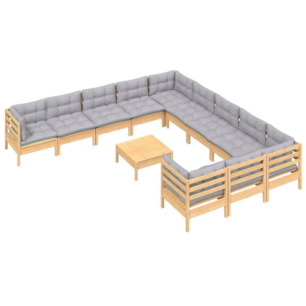 vidaXL 12 Piece Patio Lounge Set with Gray Cushions Pinewood