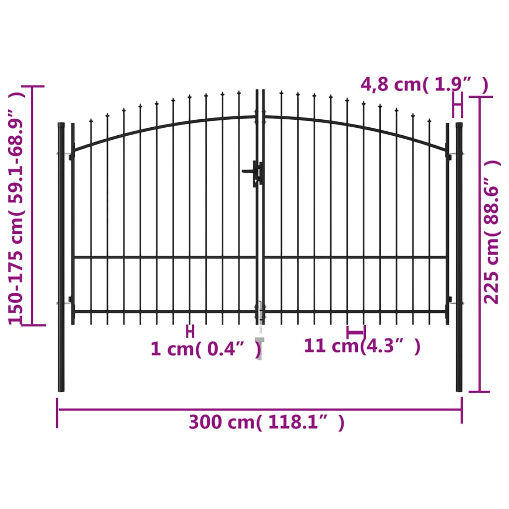 vidaXL Fence Gate Double Door with Spike Top Steel 9.8'x5.7' Black