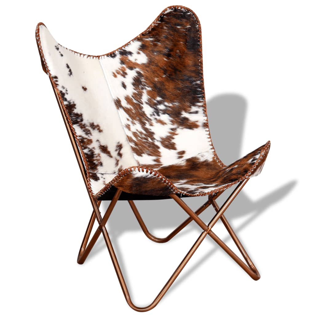 vidaXL Butterfly Chair Brown and White Real Cowhide Leather