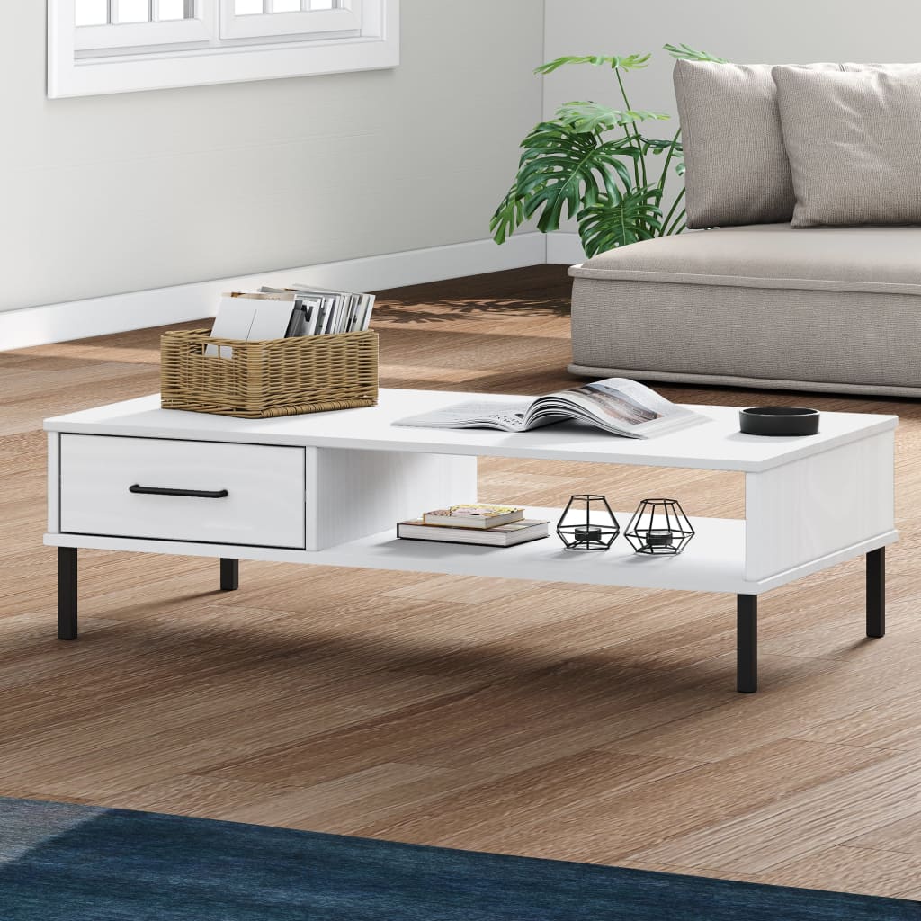 vidaXL Coffee Table with Metal Legs White Solid Wood Pine OSLO