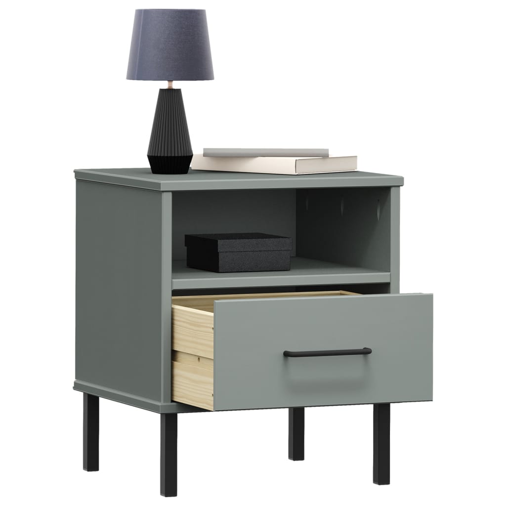 vidaXL Bedside Cabinet with Metal Legs Gray Solid Wood Pine OSLO