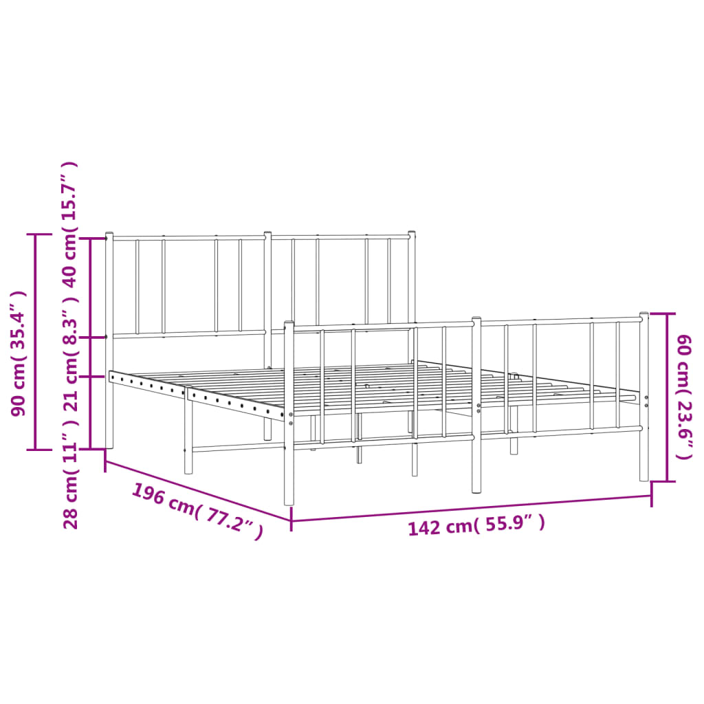 vidaXL Metal Bed Frame with Headboard and Footboard White 53.9"x74.8" Full