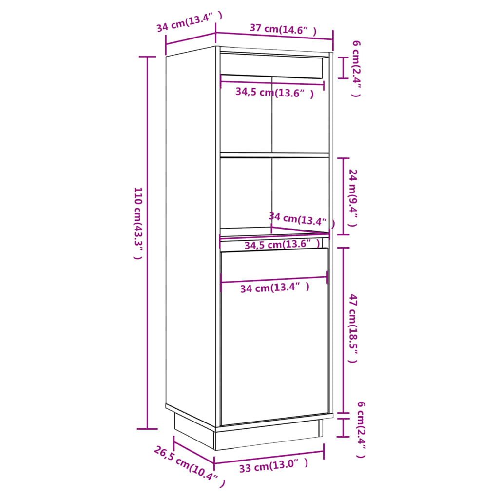 vidaXL Highboard Gray 14.6"x13.4"x43.3" Solid Wood Pine