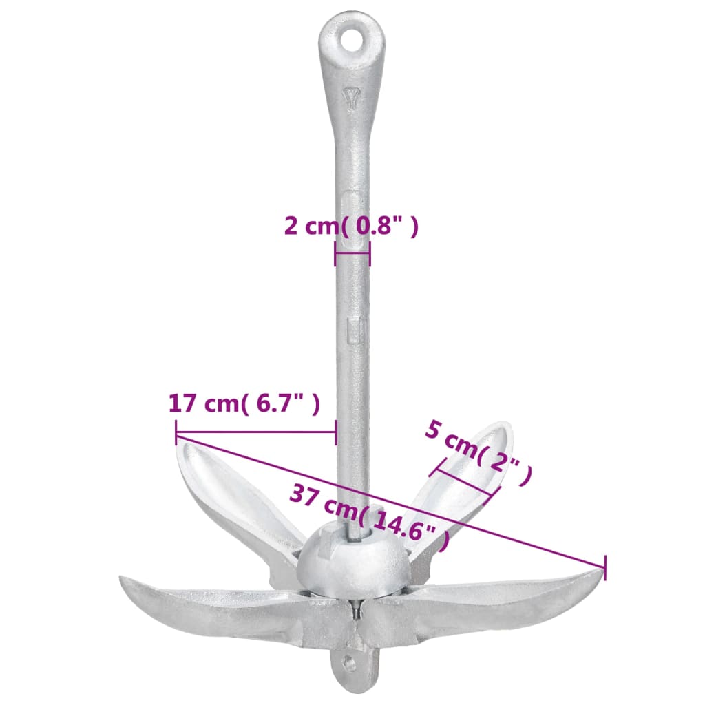 vidaXL Folding Anchor with Rope Silver 7.1 lb Malleable Iron