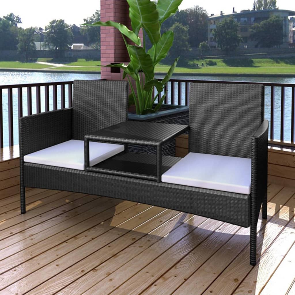 vidaXL 2-Seater Patio Sofa with Tea Table Poly Rattan Black