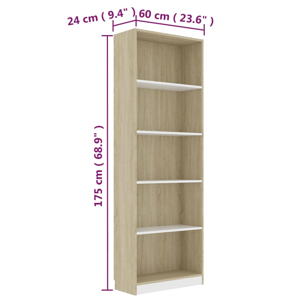 vidaXL 5-Tier Book Cabinet White and Sonoma Oak 23.6"x9.4"x68.9" Engineered Wood