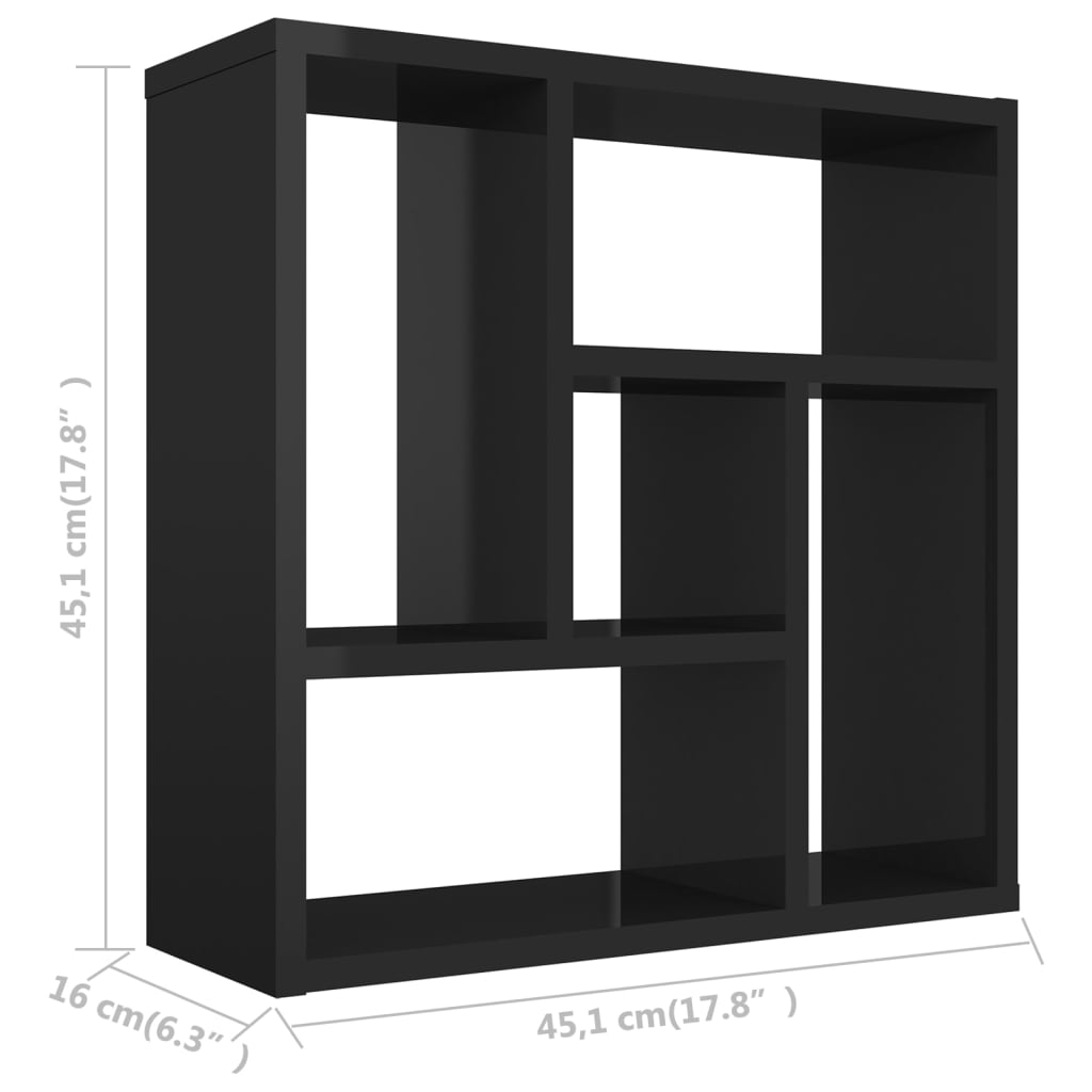 vidaXL Wall Shelf High Gloss Black 17.8"x6.3"x17.8" Engineered Wood