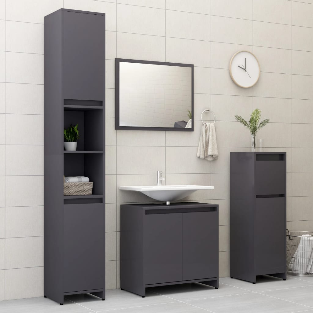 vidaXL Bathroom Cabinet High Gloss Gray 11.8"x11.8"x37.4" Engineered Wood