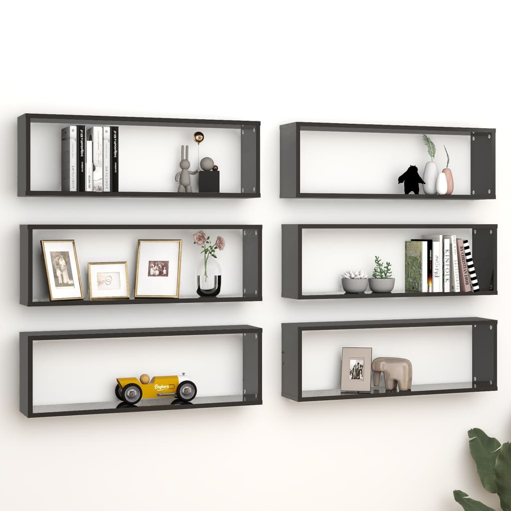 vidaXL Wall Cube Shelves 6 pcs High Gloss Black 31.5"x5.9"x10.4" Engineered Wood
