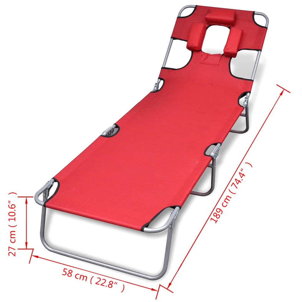 vidaXL Folding Sun Lounger with Head Cushion Powder-coated Steel Red