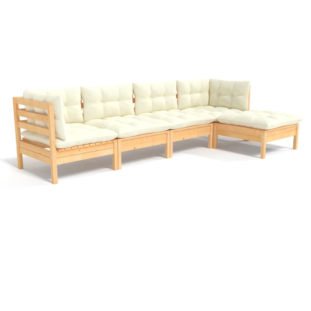 vidaXL 5 Piece Patio Lounge Set with Cream Cushions Pinewood