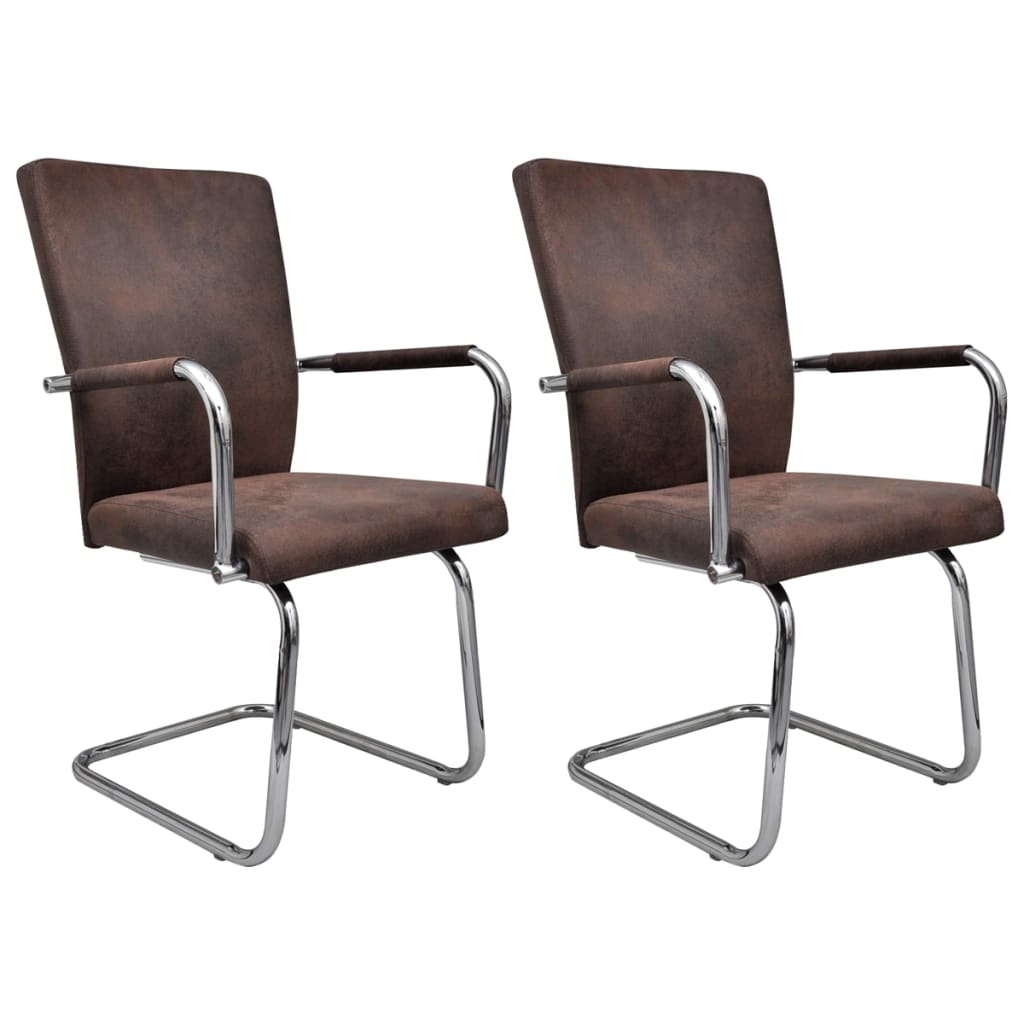 vidaXL Cantilever Dining Chairs 2 pcs Brown Faux Suede Leather