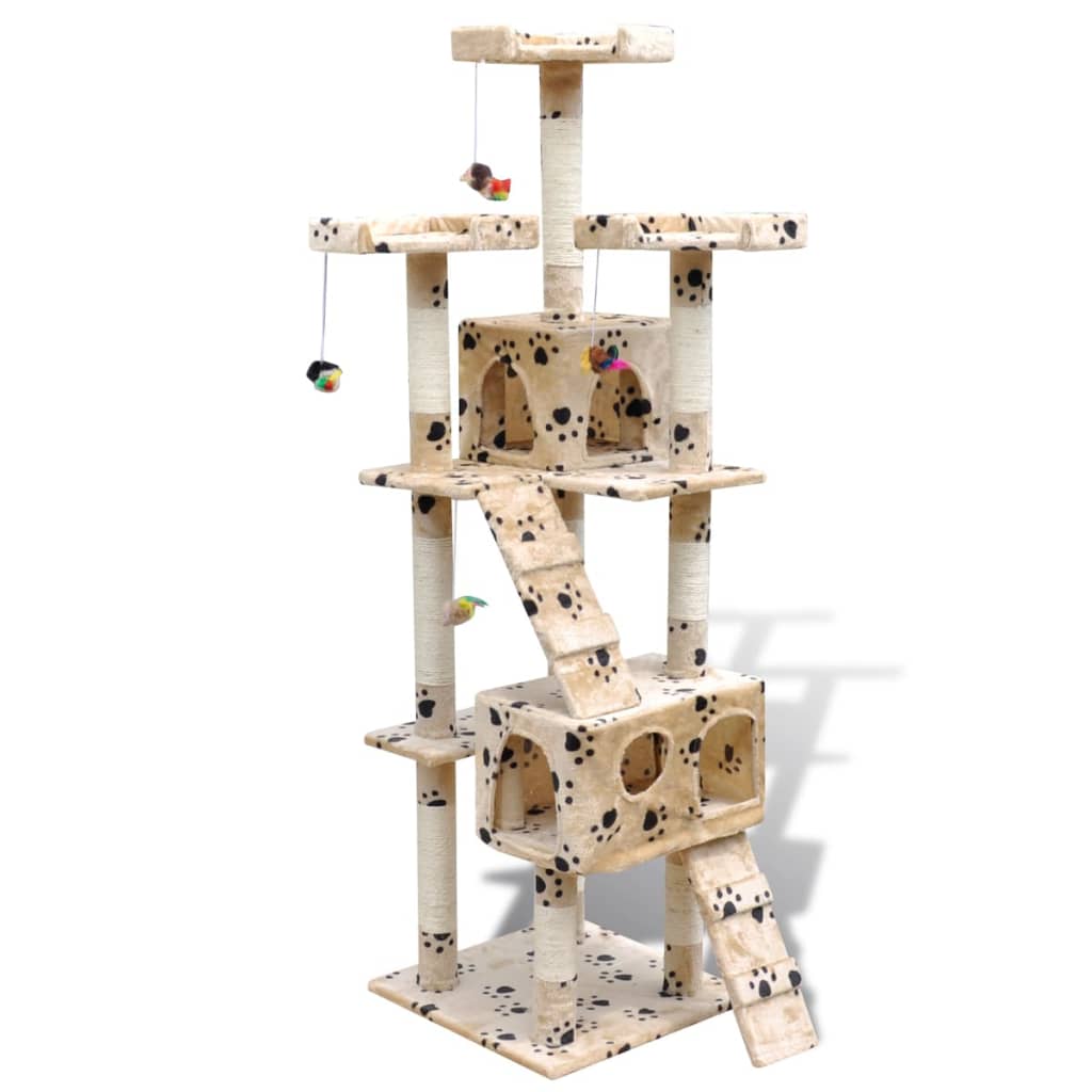 Cat Tree Scratching Post 67" 2 Condos Beige with Paw Prints