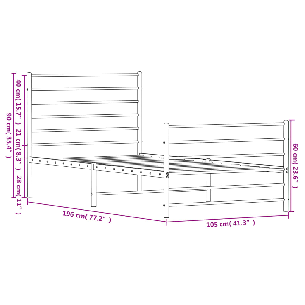 vidaXL Metal Bed Frame with Headboard and Footboard Black 39.4"x74.8" Twin