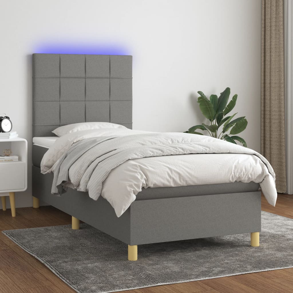 vidaXL Box Spring Bed with Mattress&LED Dark Gray Twin XL Fabric