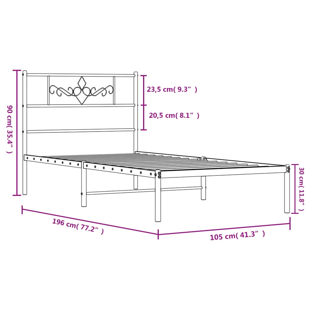 vidaXL Metal Bed Frame with Headboard Black 39.4"x74.8" Twin