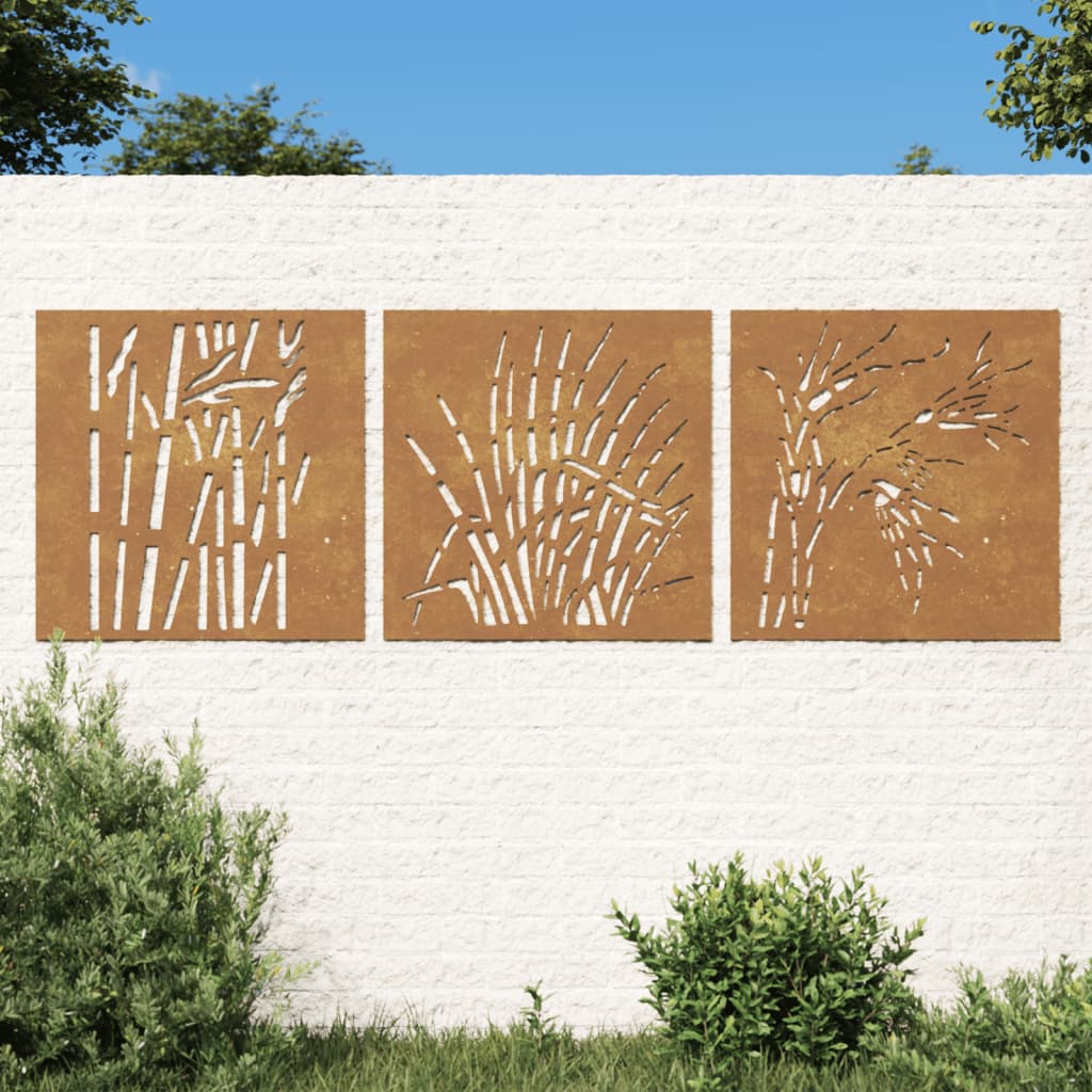 vidaXL Patio Wall Decorations 3 pcs 21.7"x21.7" Corten Steel Grass Design