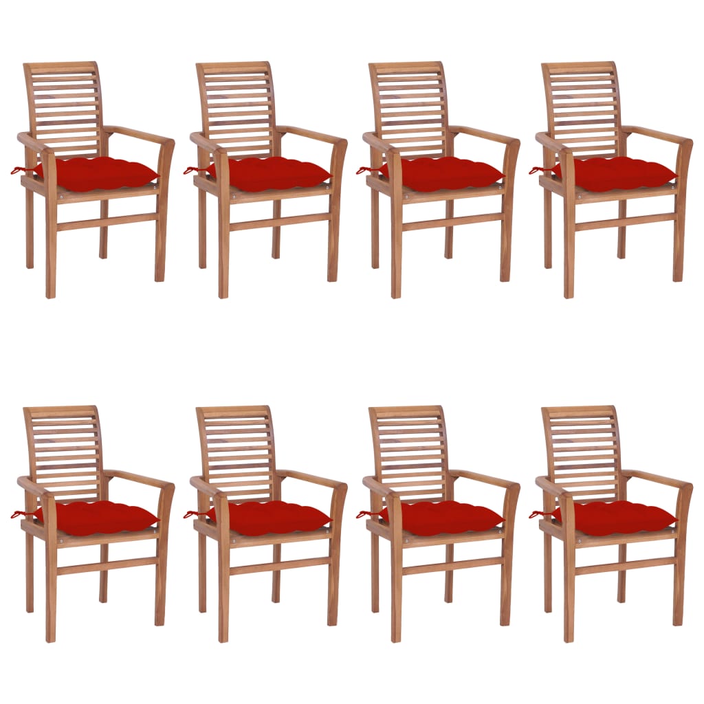 vidaXL Dining Chairs 8 pcs with Red Cushions Solid Teak Wood