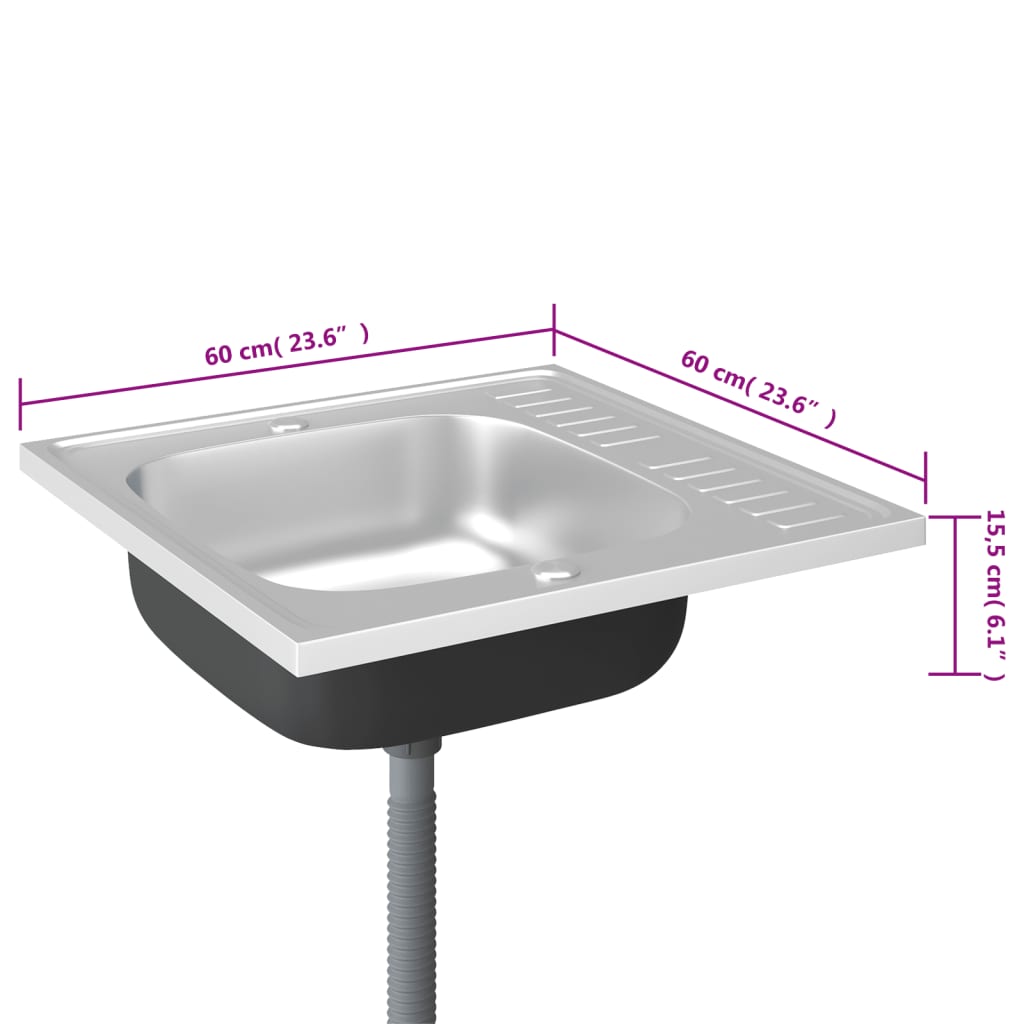 vidaXL Kitchen Sink with Drainer Set Silver 23.6"x23.6"x6.1" Stainless Steel