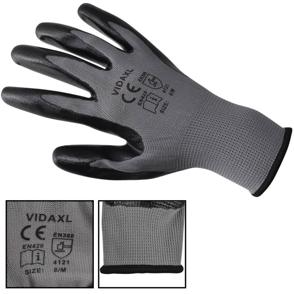 vidaXL Work Gloves Nitrile 24 Pairs Gray and Black Size 8/M