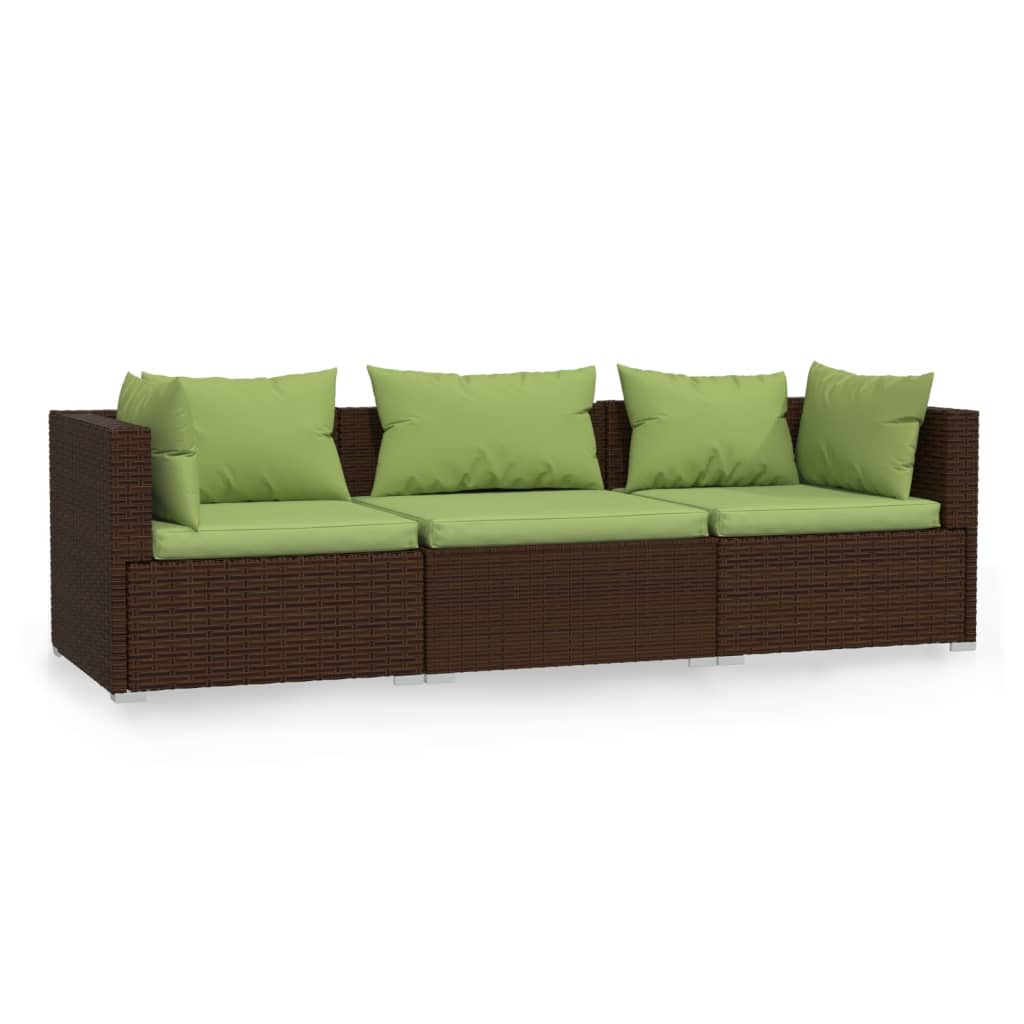 vidaXL Wicker Patio Furniture 3 Piece with Cushions Brown Poly Rattan