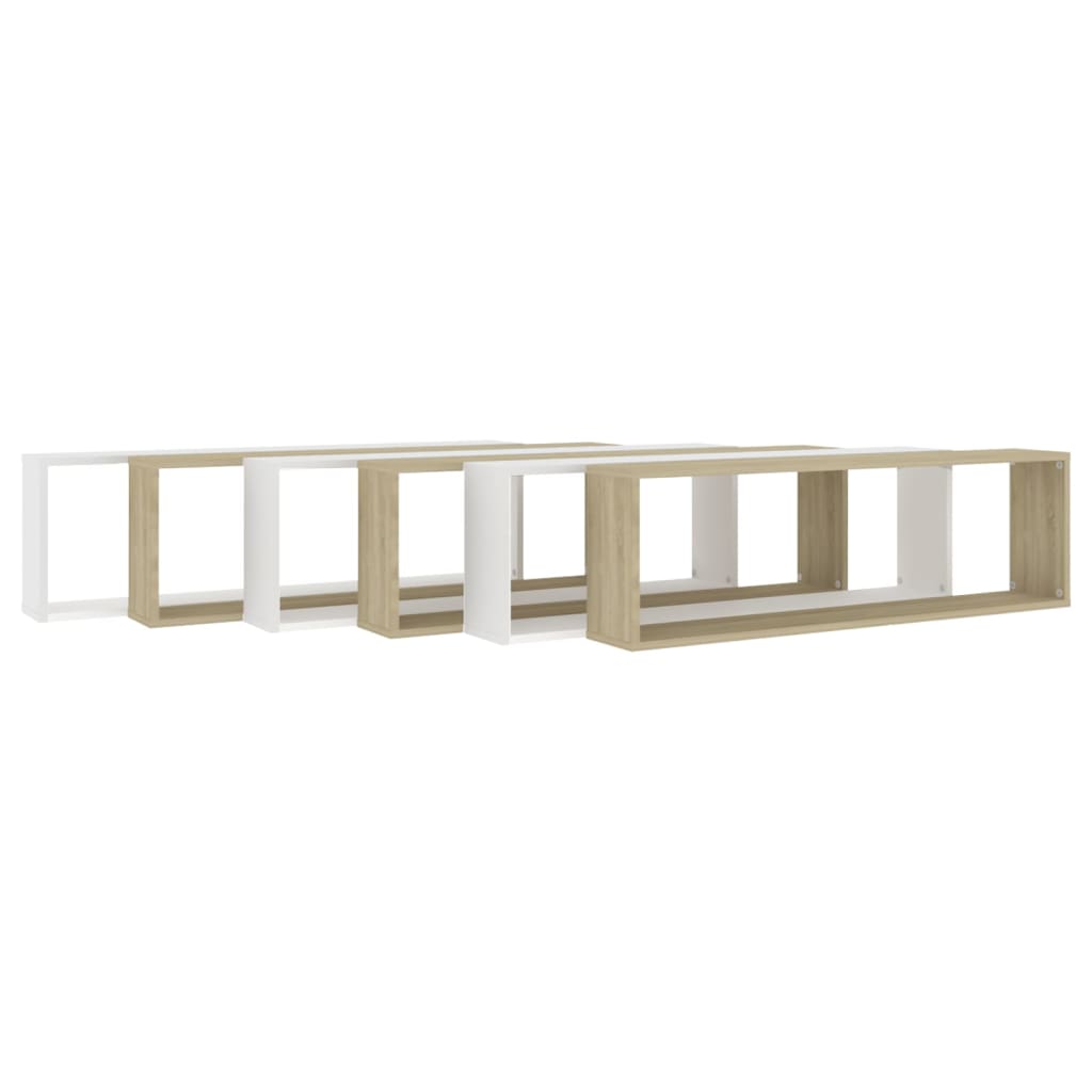 vidaXL Wall Cube Shelves 6 pcs White&Sonoma Oak 39.4"x5.9"x11.8" Engineered Wood