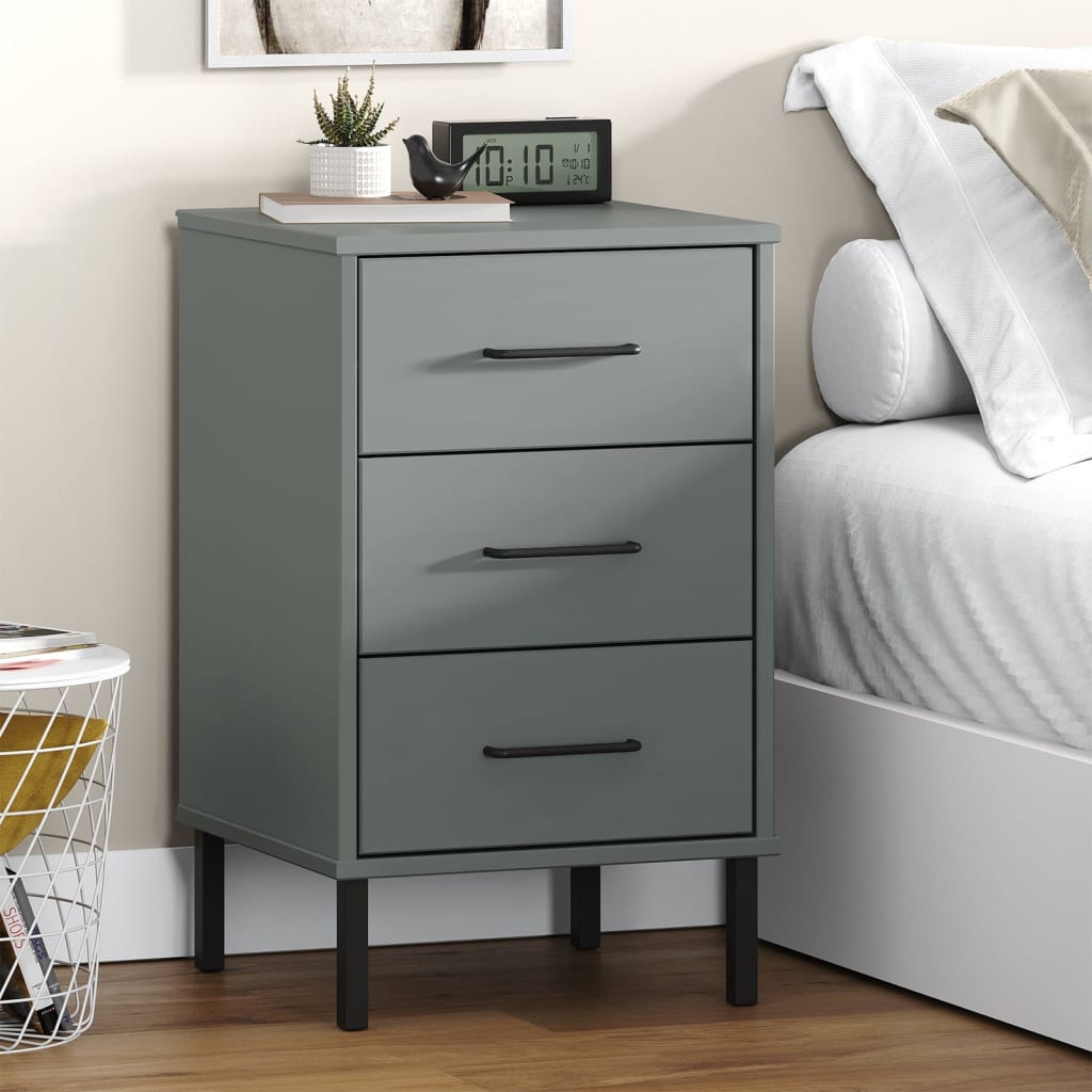 vidaXL Bedside Cabinet with Metal Legs Gray Solid Wood Pine OSLO