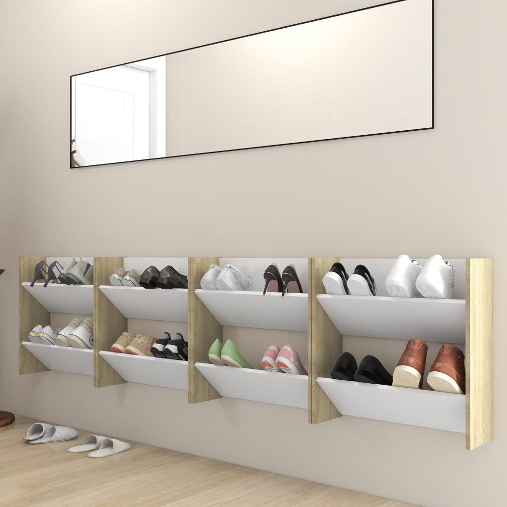 vidaXL Wall Shoe Cabinets 4 pcs White&Sonoma Oak 23.6"x7.1"x23.6" Engineered Wood