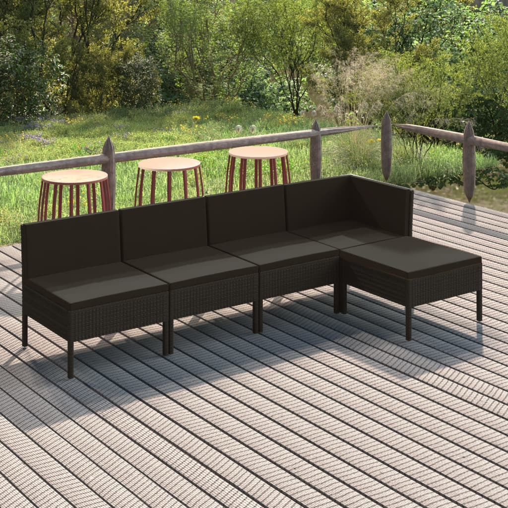 vidaXL 5 Piece Patio Lounge Set with Cushions Poly Rattan Black