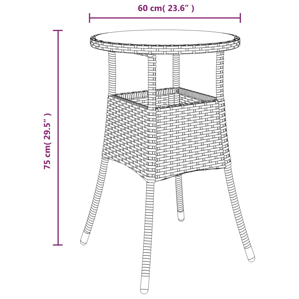 vidaXL Patio Table Ø23.6"x29.5" Tempered Glass and Poly Rattan Beige