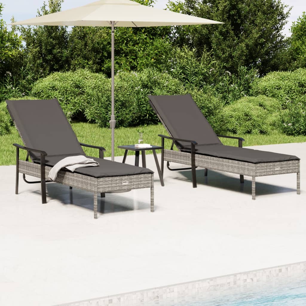 vidaXL Sun Loungers 2 pcs with Table and Cushions Gray Poly Rattan