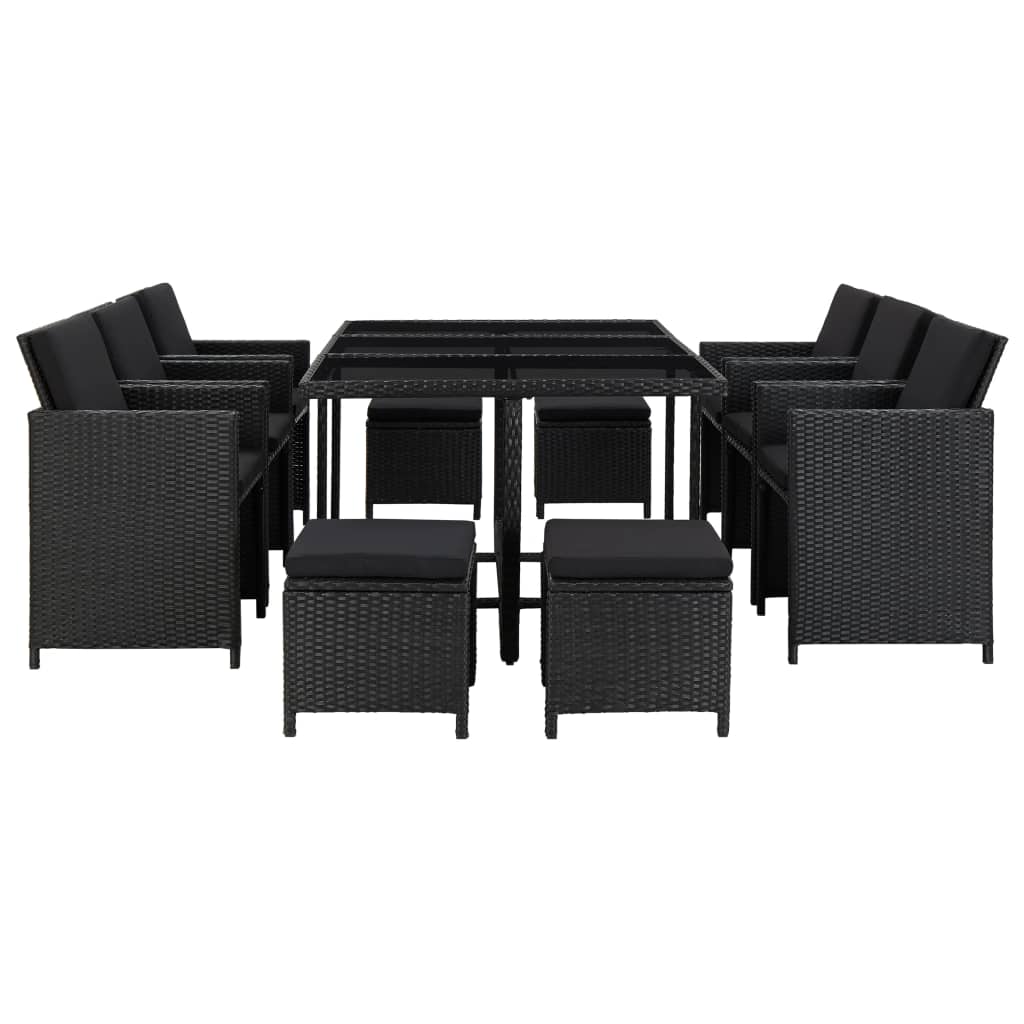 vidaXL 11 Piece Patio Dining Set with Cushions Poly Rattan Black
