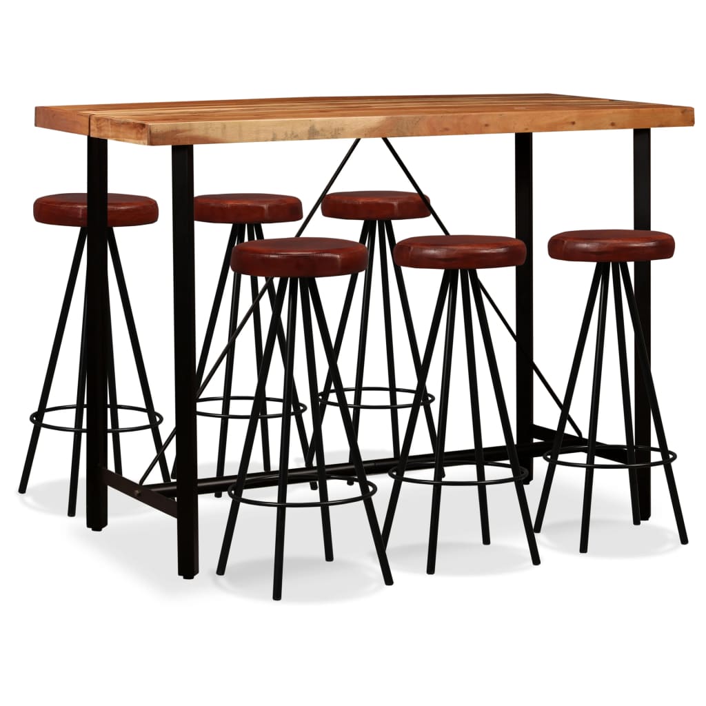 vidaXL Bar Set 7 Pieces Solid Acacia Wood and Genuine Leather
