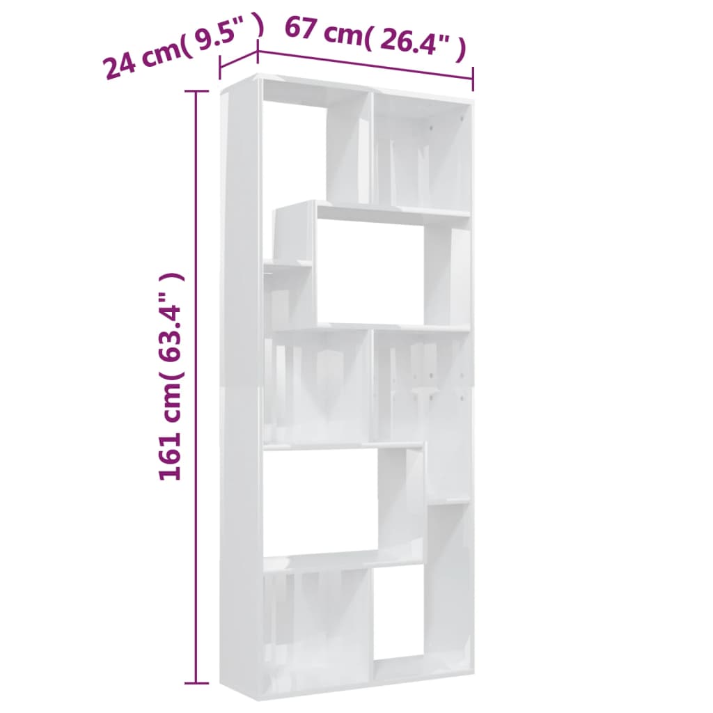 vidaXL Book Cabinet High Gloss White 26.4"x9.4"x63.4" Engineered Wood