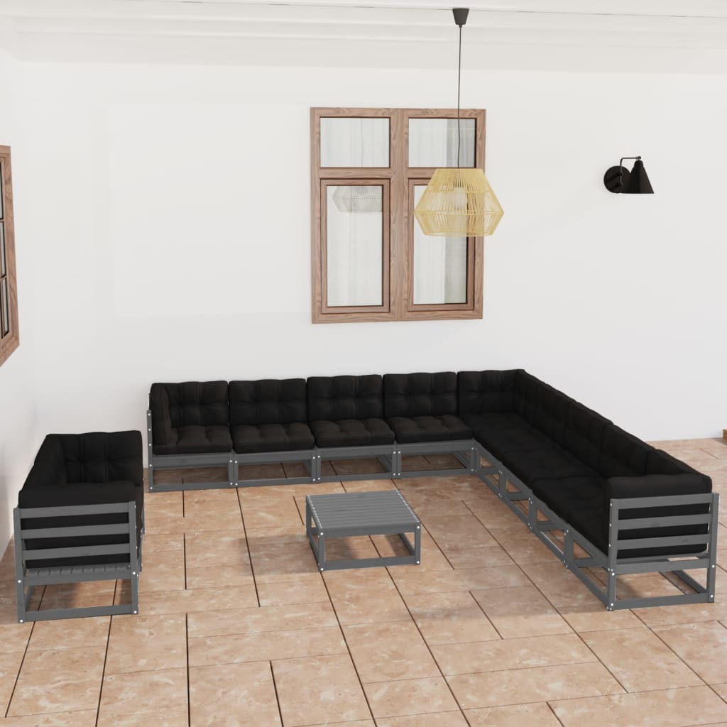 vidaXL 12 Piece Patio Lounge Set with Cushions Gray Solid Pinewood