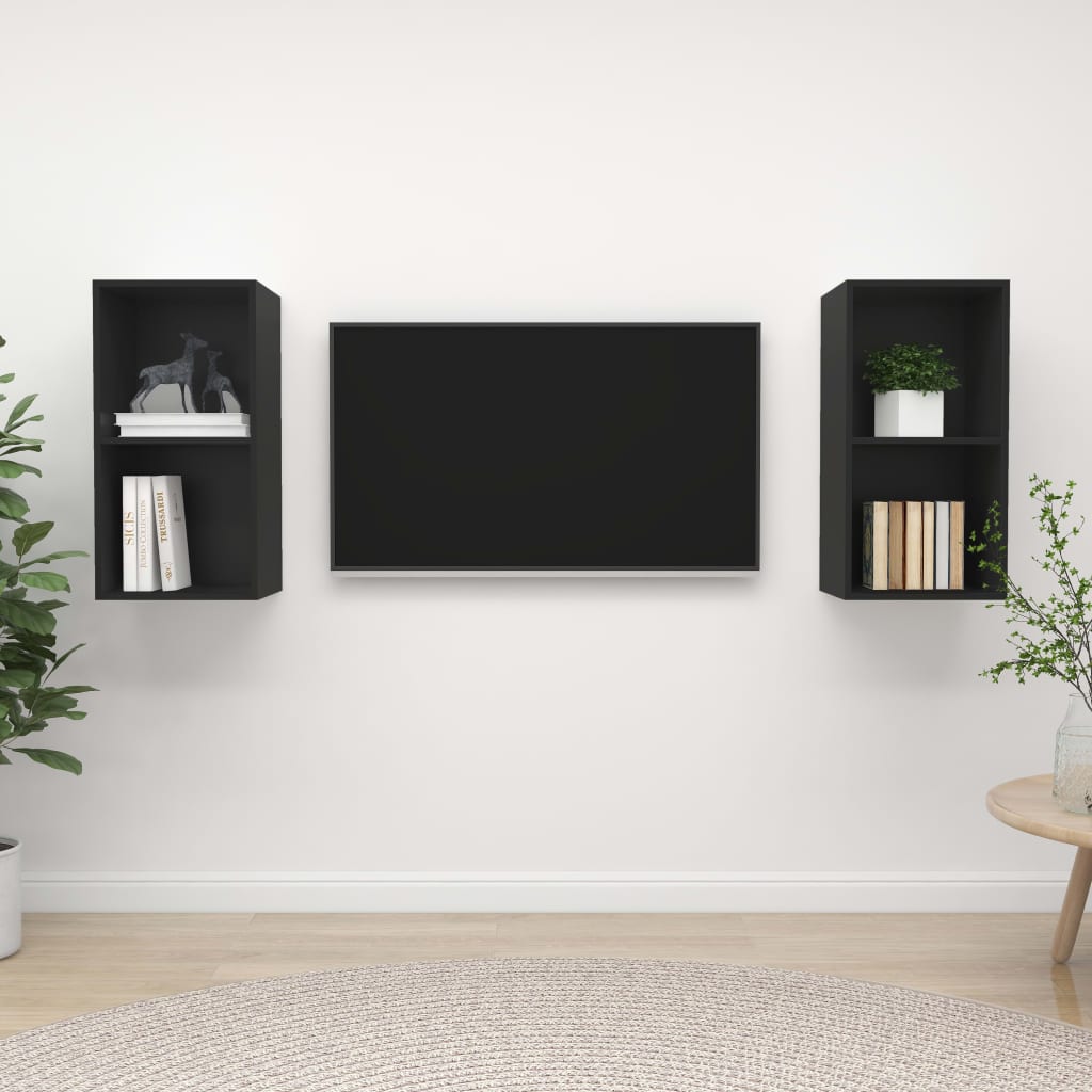 vidaXL Wall-mounted TV Stands 2 pcs Black Engineered Wood