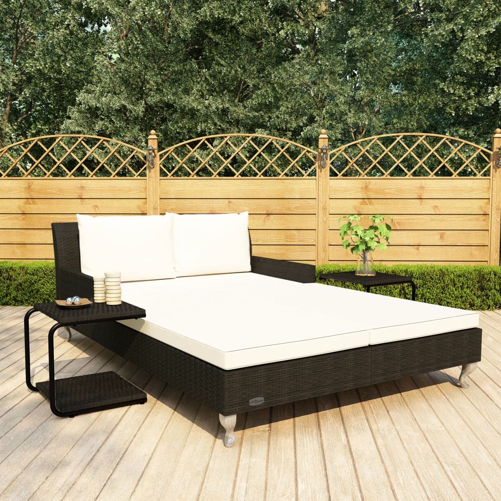 vidaXL 2-Person Patio Sun Bed with Cushions Poly Rattan Black